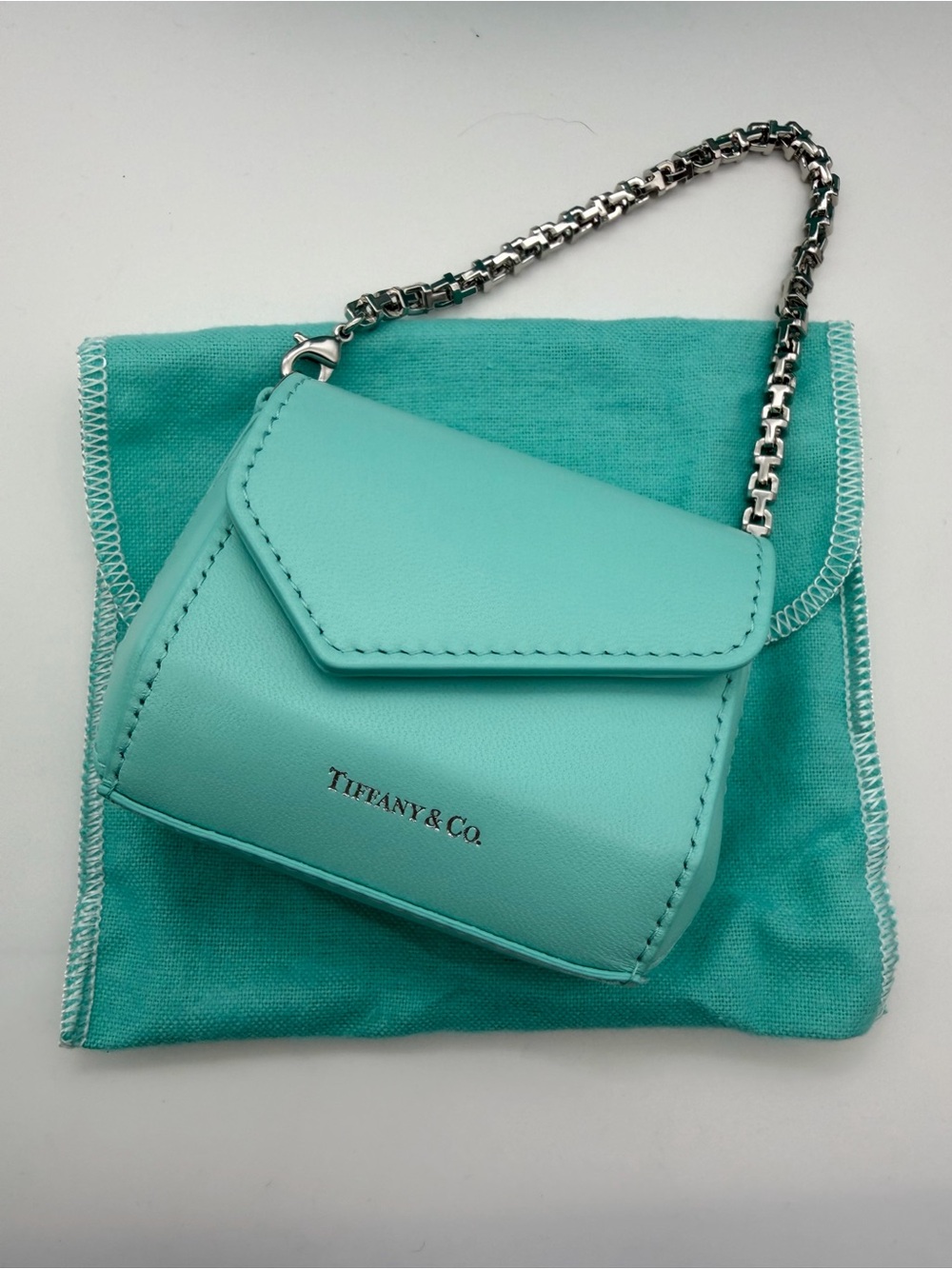 Tiffany & Co. Leather Nano Micro Charm Bag Blue Envelope Close Silver Chain